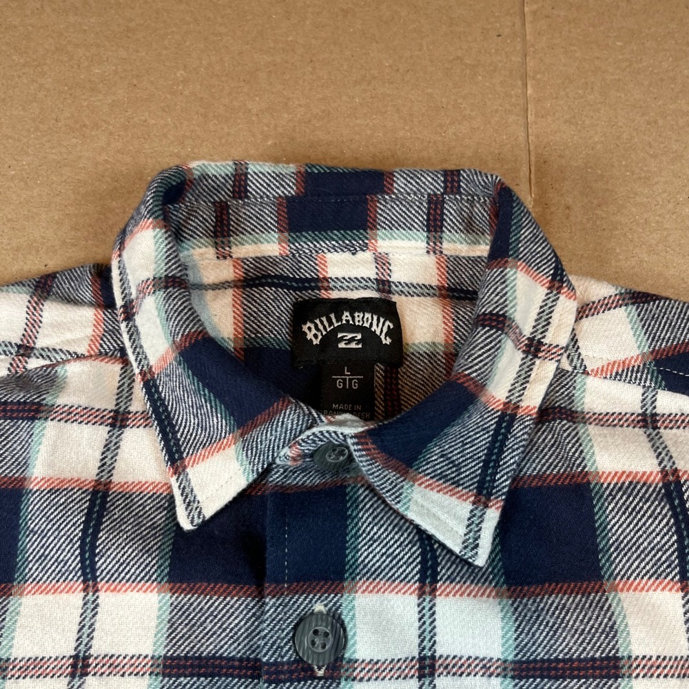 Billabong Kids Large Plaid Flannel Button Down Shirt Navy Blue White Orange L - Picture 5 of 10